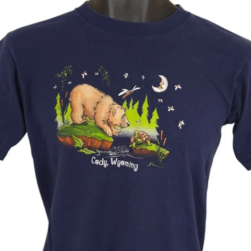 Vintage Cody Wyoming T Shirt Mens Size XS Blue Y2K Grizzly Bear Turtle Moon